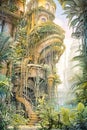 Illustration of overgrown building of ancient civilization in the jungle. Generative AI Royalty Free Stock Photo