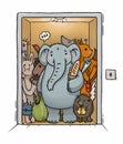 Illustration overloaded elevator with different animals and an elephant