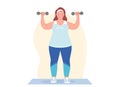 Illustration overweight fat woman with dumbbells. Concept of healthy lifestyle and sports for weight loss