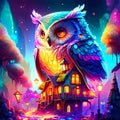 Illustration of an owl on a background of a haunted house. AI generated Royalty Free Stock Photo