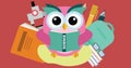 Illustration of owl with backpack, books, pen, pencil, eyeglasses, telescope reading science book Royalty Free Stock Photo