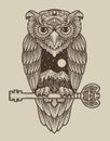 illustration owl bird with mountain landscape antique engraving style Royalty Free Stock Photo