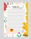 Illustration page with rows of to-do list with alpaca animal, flower, heart, star, colored background