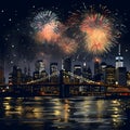 Illustration, paint, watercolor bridge and city skyscrapers, river, fireworks show. New Year\'s fun and festiv