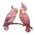 Illustration, painted colorful parrot birds in beige and pink shades on a tree branch. A couple of parrots. Print, textile Royalty Free Stock Photo