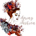 Illustration with painted female portrait. Spring trendy backgr