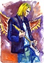 Kurt Cobain, Nirvana leader with guitar on stage, angels wings background Royalty Free Stock Photo