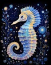 Illustration painting of blue seahorse with floral on background