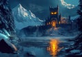 An illustration painting capturing the silhouette of a castle on a winter night. Royalty Free Stock Photo