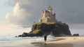 Illustration painting of king walking through sea beach next to fantasy castle