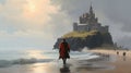 Illustration painting of king walking through sea beach next to fantasy castle