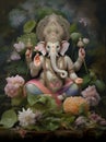 Illustration painting lord ganesha four-armed, in the style of feminine subjects, colorized, harmony with nature, pink