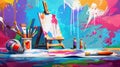 An illustration of the painting tools elements cartoon colorful modern concept. Art supplies: easel, canvas, paint tubes Royalty Free Stock Photo