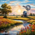 An illustration painting view of a sunset and windmill near river