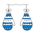 Illustration of a pair of blue knitted mittens isolated on a white background looks like a christmas balls for decoration