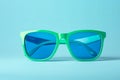 illustration of a pair of BLUE sunglasses with a green background, Generative ai