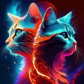 Illustration of a pair of cats in a colorful neon background. Generative AI