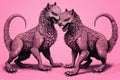 Illustration of a pair of lions with ornaments on a pink background