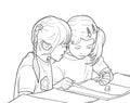 Illustration of pair of little girls coloring in kinder garden