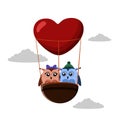 Illustration with pair of owls in a heart-shaped balloon with clouds on light background