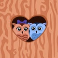 Illustration with pair of owls in heart-shaped hollow tree structure design element love Royalty Free Stock Photo