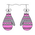 Illustration of a pair of pink and gray knitted mittens isolated on a white background looks like a christmas balls for decoration