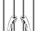 Prisoner Hands Holding Gripping Prison Bars Front Retro Woodcut Style