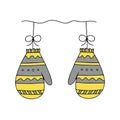 Illustration of a pair of yellow and gray knitted mittens isolated on a white background looks like a christmas balls for