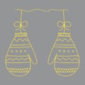 Illustration of a pair of yellow knitted mittens isolated on a gray background looks like a christmas balls for decoration