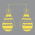 Illustration of a pair of yellow knitted mittens isolated on a gray background looks like a christmas balls for decoration