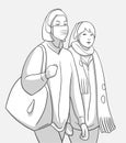 Illustration of pair of young girls walking together in warm winter clothing