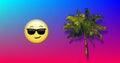 Illustration of palm tree with emoji wearing black sunglasses against multicolored background