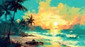 Illustration of Palm Trees Silhouettes On Tropical Beach At Sunset - painting Royalty Free Stock Photo