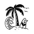 Illustration of palm with wave and surfing deck. Vector