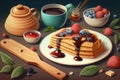 Illustration of pancakes, belgian waffles, sweet toast, donut, cup of tea. AI generatin