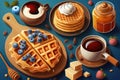 Illustration of pancakes, belgian waffles, sweet toast, donut, cup of tea. AI generatin