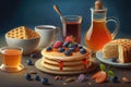 Illustration of pancakes, belgian waffles, sweet toast, donut, cup of tea. AI generatin