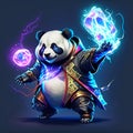 Illustration of a panda in a blue armor with a sword and a crystal ball AI Generated