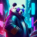 Illustration of a panda dressed as a cosplay character in a futuristic background generative AI