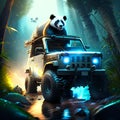 illustration of a panda driving a safari jeep in the jungle Generative AI