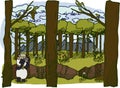 Illustration of a panda in the forest near a fault on the background of a colorful landscape. Exploring nature, forest