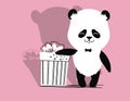 Illustration, panda with a gift, colored background and black and white drawing. Birthday card.