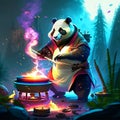 Illustration of a panda making a fire in the forest. AI Generated