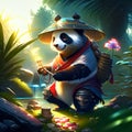Illustration of a panda playing cards in the garden at night Generative AI