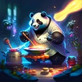illustration of a panda playing the drums with a fire in the background Generative AI