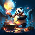 Illustration of a panda playing a magic game at night. AI Generated