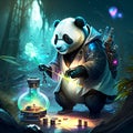 Illustration of a panda playing a magic potion in the forest AI Generated