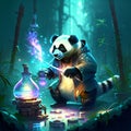 Illustration of a panda playing a magic potion in the forest Generative AI