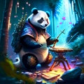 Illustration of a panda playing a musical instrument in a fantasy forest Generative AI