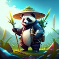 Illustration of a panda in the rice field, 3d render Generative AI